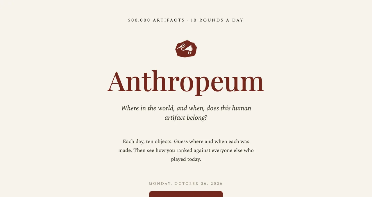 Anthropeum gameplay screenshot — the artifact guessing game from Clueffy's videos
