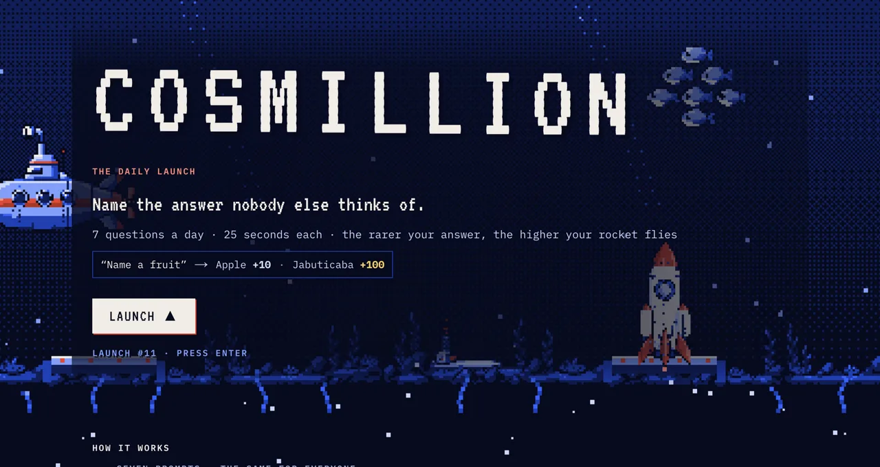 Cosmillion gameplay screenshot — the rocket game from Clueffy's videos