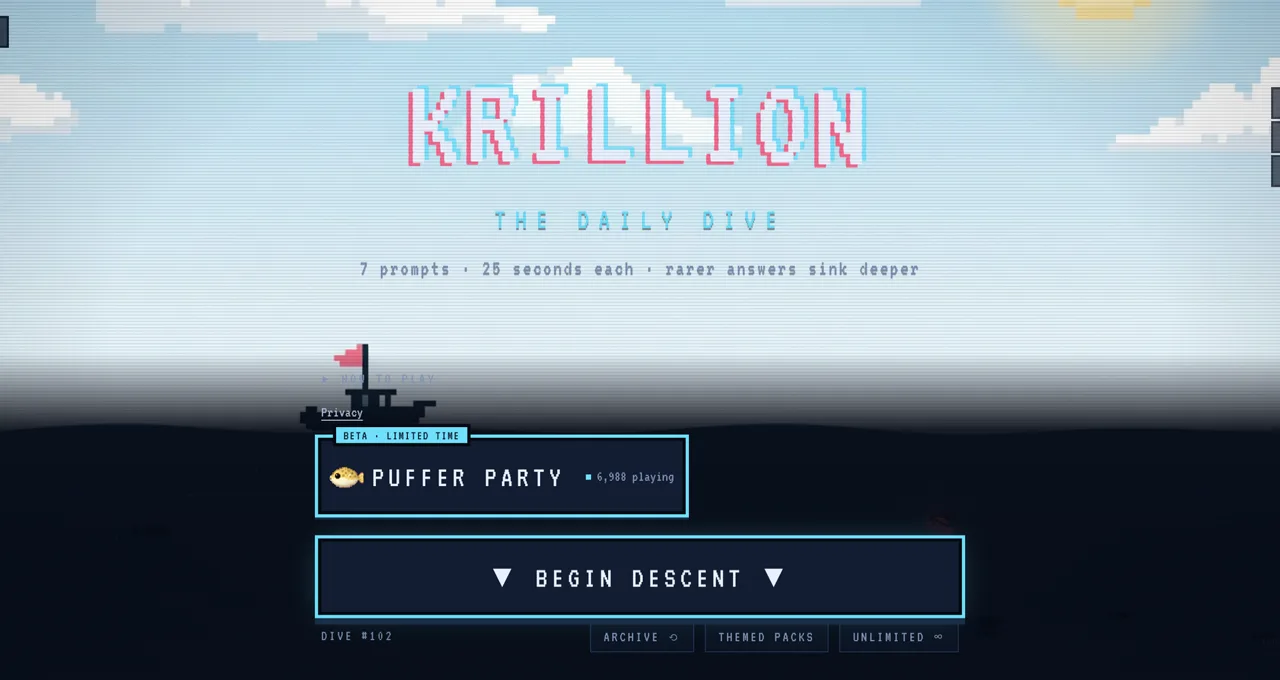 Krillion start screen — the krill / ocean game from Clueffy's videos