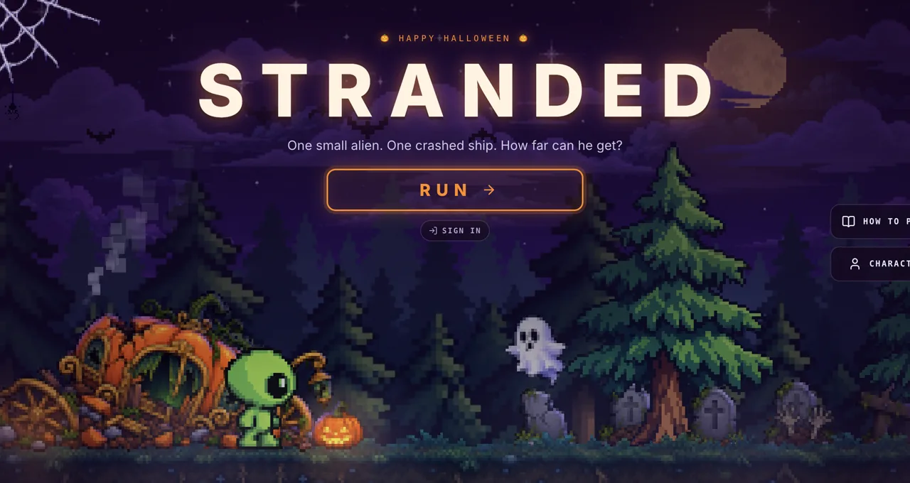 STRANDED start screen — the alien game from Clueffy's videos